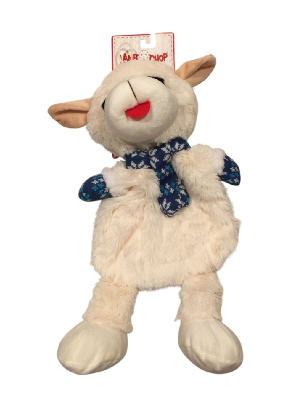 Lamb Chop Floppy 16" Crinkle Squeak Plush Dog Toy Knit Blue Paws & Scarf